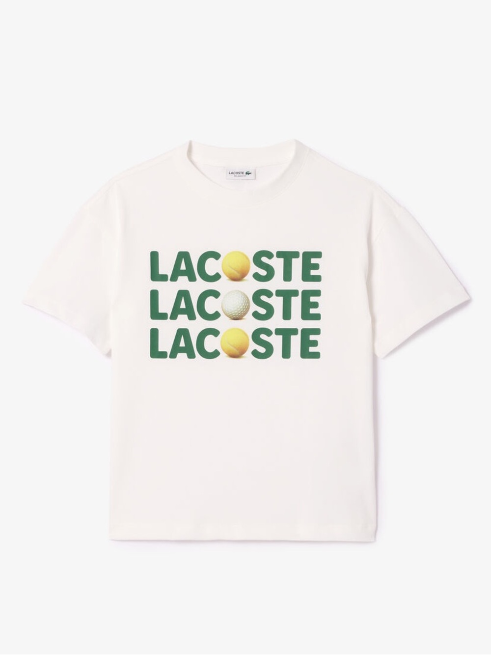 Lacoste White Tee with Green Logo and Yellow Tennis Balls
